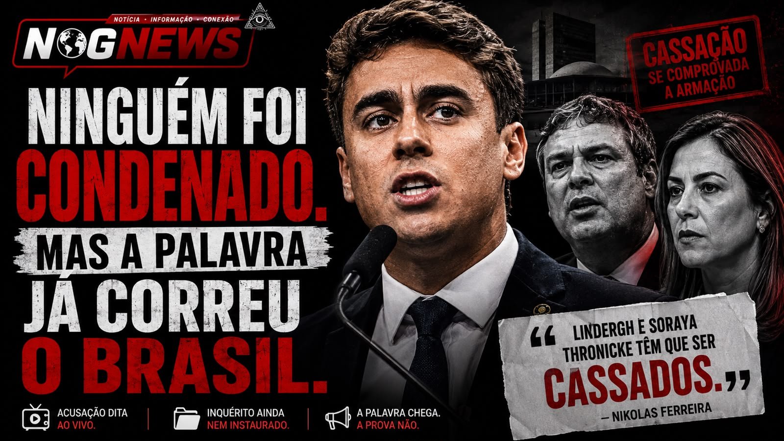 NIKOLAS PEDE A CASSAÇÃO DE LINDBERGH E SORAYA. NINGUÉM FOI CONDENADO, MAS A PALAVRA JÁ CORREU O BRASIL