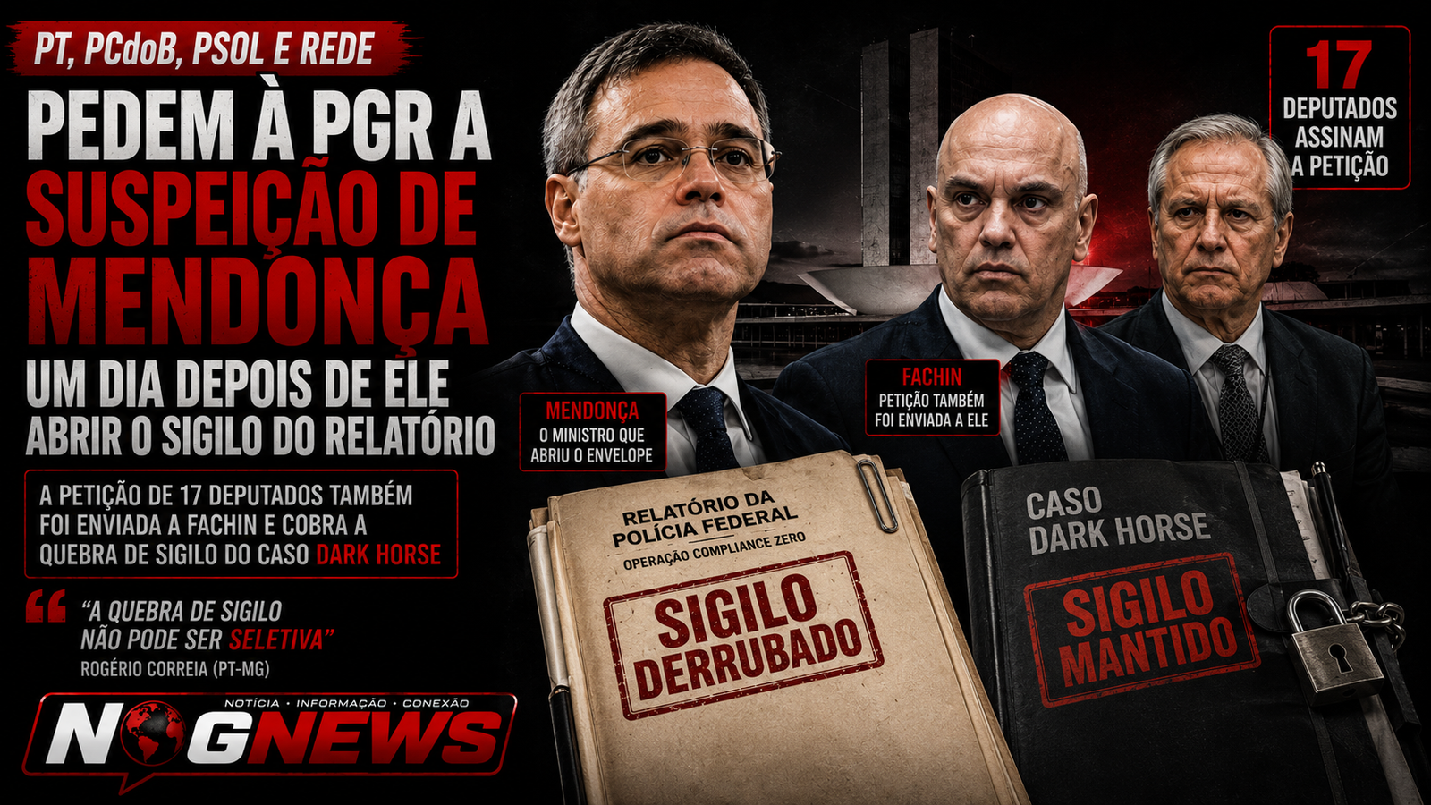 PT, PCdoB, PSOL E REDE PEDEM À PGR A SUSPEIÇÃO DE MENDONÇA UM DIA DEPOIS DE ELE ABRIR O SIGILO DO RELATÓRIO