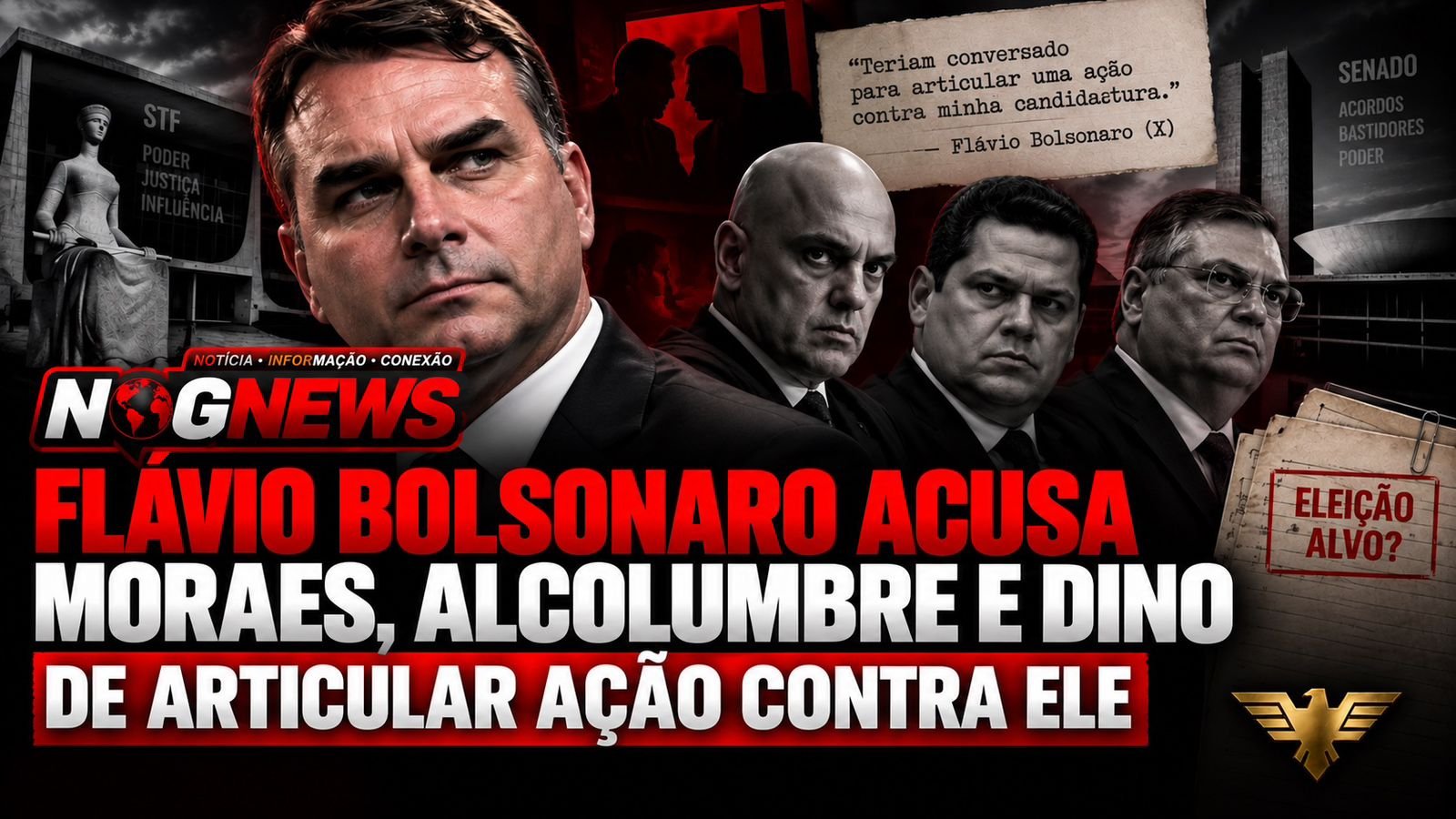 FLÁVIO BOLSONARO ACUSA MORAES, ALCOLUMBRE E DINO DE ARTICULAR AÇÃO CONTRA ELE E ADMITE QUE NÃO TEM CONFIRMAÇÃO