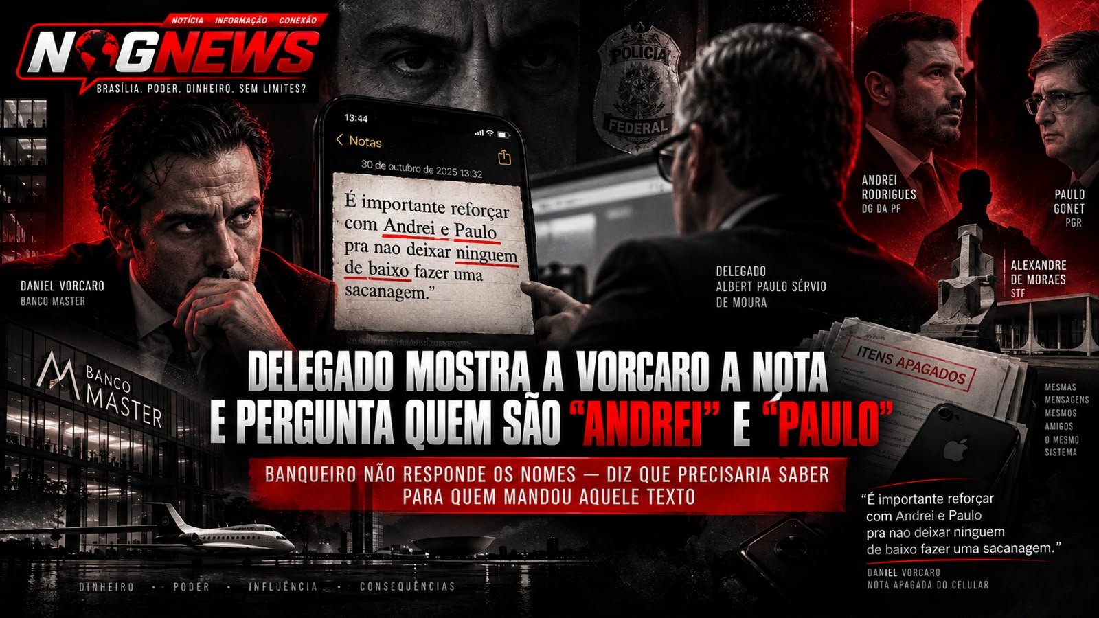 DELEGADO MOSTRA A VORCARO A NOTA ENVIADA AO CELULAR DE ALEXANDRE DE MORAES E PERGUNTA QUEM SÃO "ANDREI" E "PAULO"