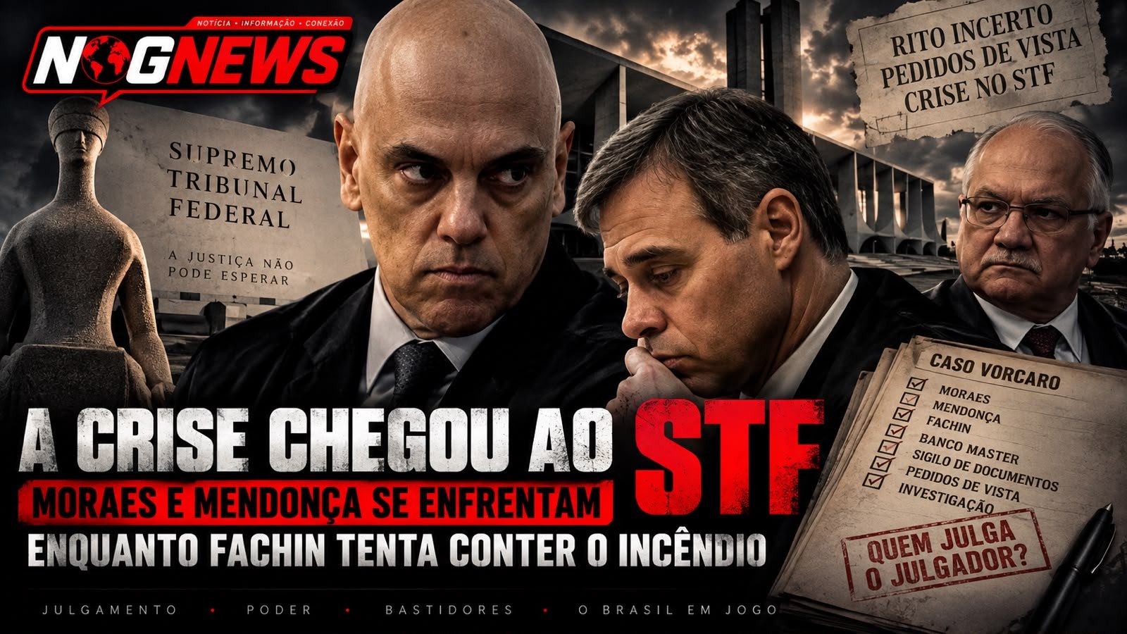 A CRISE CHEGOU AO STF: MORAES E MENDONÇA SE ENFRENTAM ENQUANTO FACHIN TENTA CONTER O INCÊNDIO