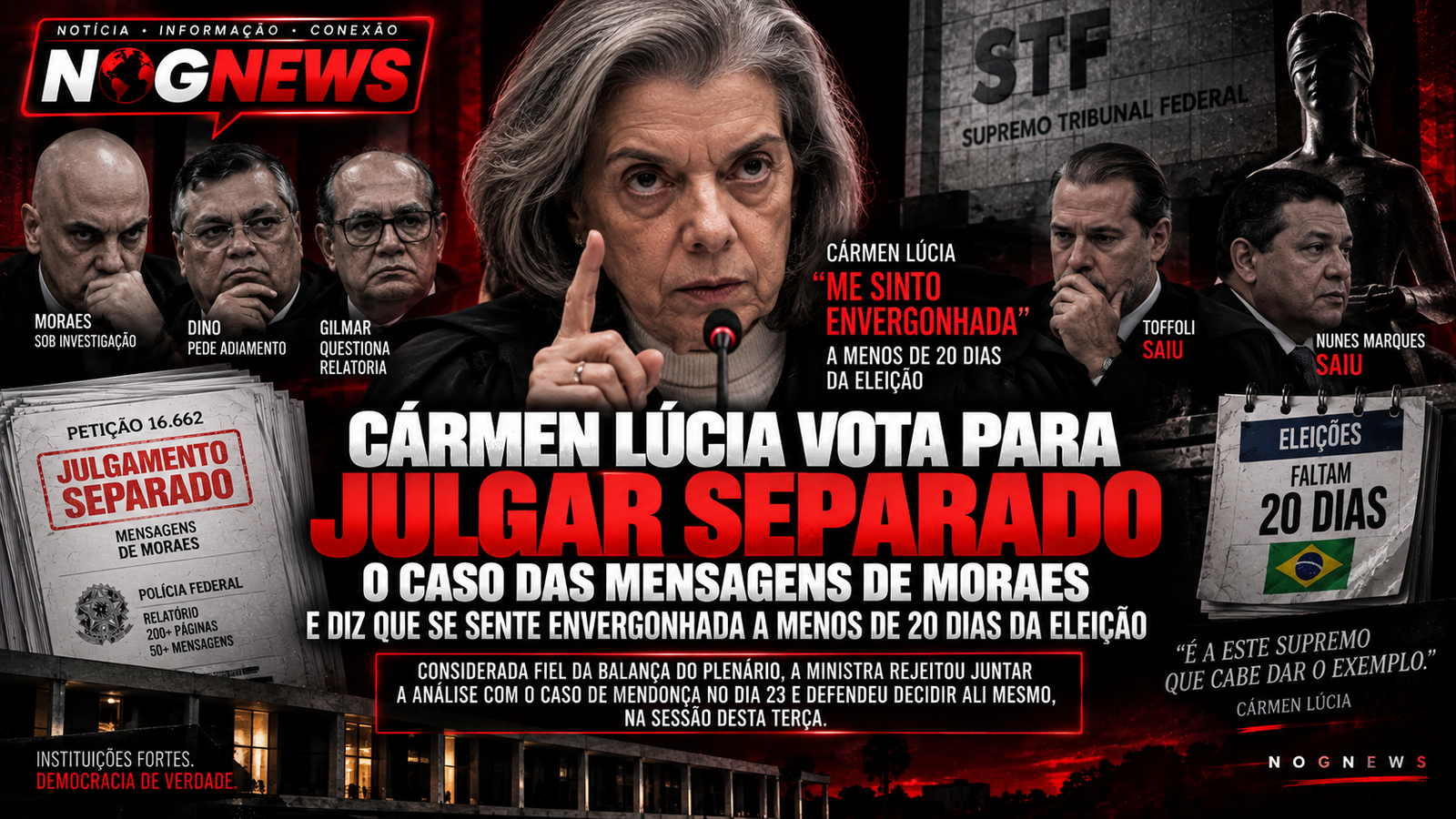 CÁRMEN LÚCIA VOTA PARA JULGAR SEPARADO O CASO DAS MENSAGENS DE MORAES E DIZ QUE SE SENTE ENVERGONHADA A MENOS DE 20 DIAS DA ELEIÇÃO