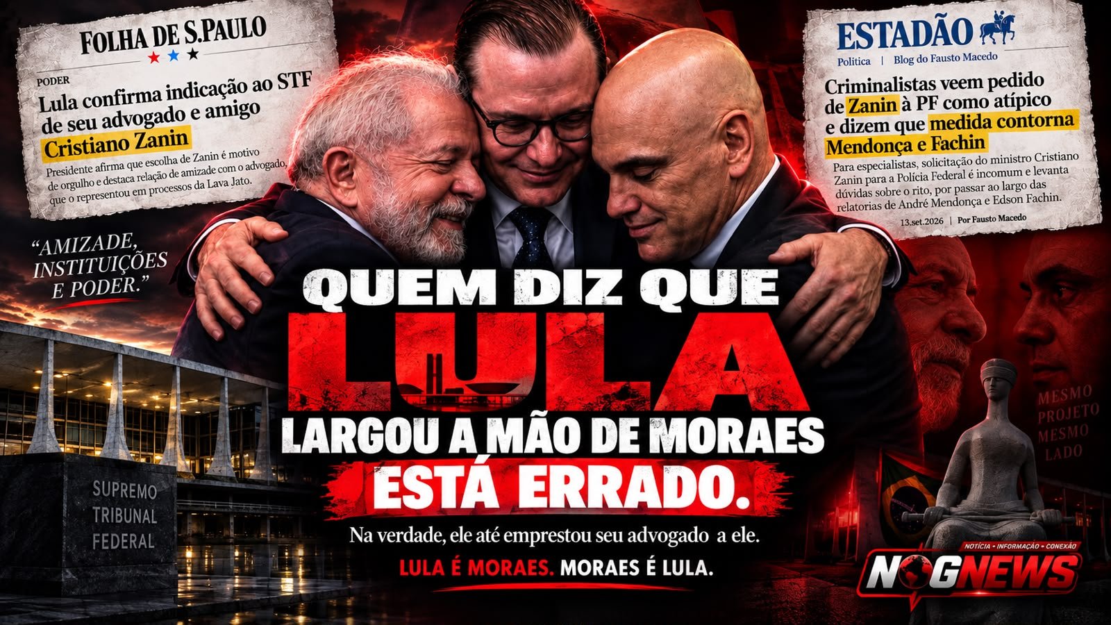 QUEM DIZ QUE LULA LARGOU A MÃO DE MORAES ESTÁ ERRADO. NA VERDADE, ELE ATÉ EMPRESTOU SEU ADVOGADO A ELE.
