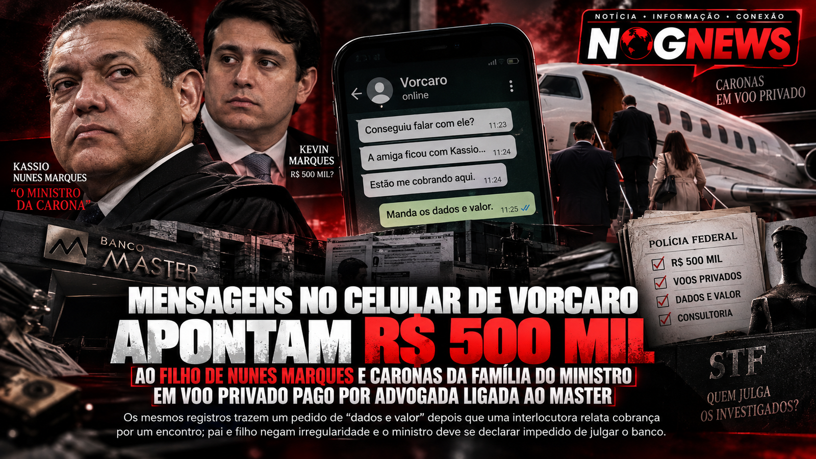 MENSAGENS NO CELULAR DE VORCARO APONTAM R$ 500 MIL AO FILHO DE NUNES MARQUES E CARONAS DA FAMÍLIA DO MINISTRO EM VOO PRIVADO PAGO POR ADVOGADA LIGADA AO MASTER