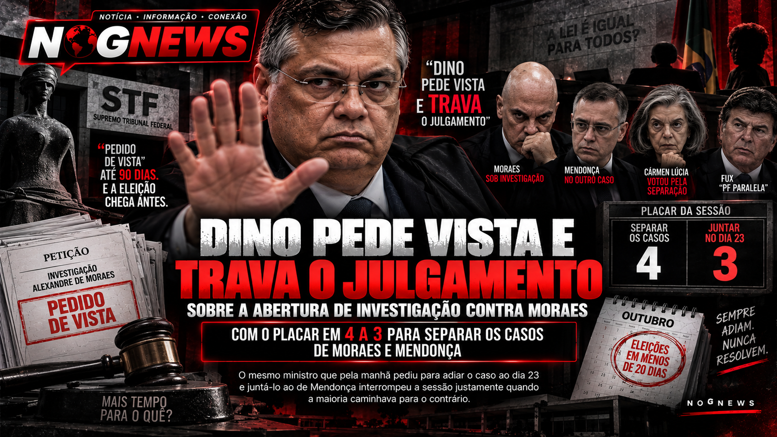 DINO PEDE VISTA E TRAVA O JULGAMENTO SOBRE A ABERTURA DE INVESTIGAÇÃO CONTRA MORAES COM O PLACAR EM 4 A 3 PARA SEPARAR OS CASOS DE MORAES E MENDONÇA